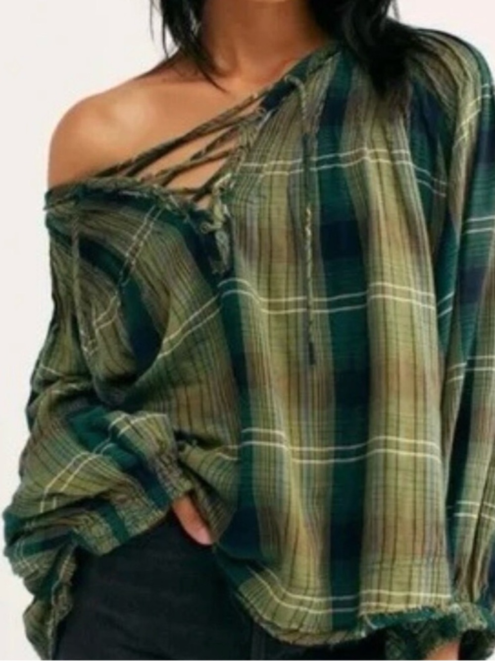 Free People We The Free Plaid Boho Peasant Top Green Oversized Size Small